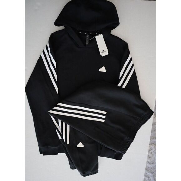 adidas IC6710 Men's Sz XL Black/White 3-Stripe Sweatpants & L/S Hoodie - Picture 1 of 16